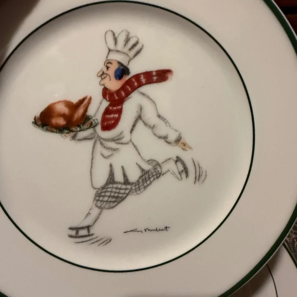 Guy Buffet Salad Plates Skating Chefs Whimsical Kitchen Set of 6 White multi